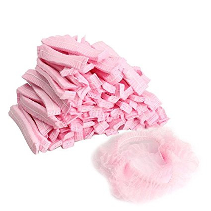 TTnight 100 PCS Non Woven Disposable Dust Cap Hair Shower Bouffant Cap Pleated Anti Dust Hat Set (Pink)