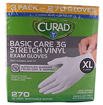 CURAD Disposable 3G Stretch Vinyl Exam Gloves, XL, 90 per box (270 count)