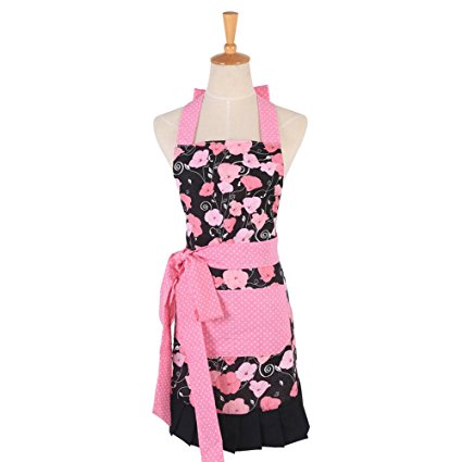 Myonly Women's Lace Apron with Pockets, Adjustable Lovely Work Original Cotton Kitchen Cooking Bib Aprons Flower Style Dress (Pink)