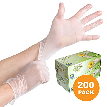 200 Disposable Viny Gloves, Non-Sterile, Poweder Free, Smooth Touch, Food Service Grade, Medium Size [2x100 Pack]