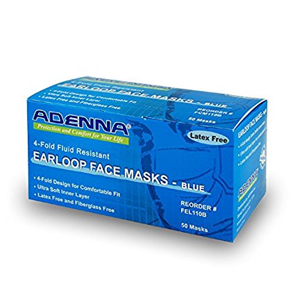 Adenna 3-ply/4-fold Earloop Face Mask, Blue (Box of 50)