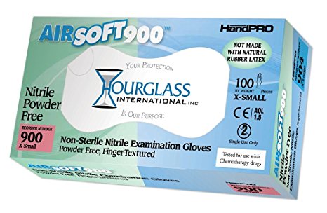 Hourglass HandPRO AirSoft900 Nitrile Glove, Exam, Powder Free, 240mm Length, 0.07mm Thick, X-Small (Case of 10 Boxes, 100/Box)