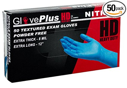 AMMEX - GPNHD64100-BX - HD Nitrile Gloves - GlovePlus - Disposable, Powder Free, Exam, 8 mil, Medium, Blue (Box of 50)