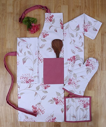 Set of Apron, Oven Mitt, Pot Holder, Pair of Kitchen Towels in a Unique Blooming Florals Design, Made of 100% Cotton,Eco-Friendly & Safe, Value Pack and Ideal Gift Set,Kitchen Linen Set By CASA DECORS