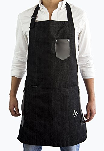 MASHO int CHEF BLACK CLASSIC APRON FOR MEN, IDEAL FOR KITCHEN, BBQ GRILL, RESTAURANTS OR FATHER´S DAY GIFT OR MEN GIFTS + MULTIFUNCTIONAL POCKETS + FIT ALL SIZES UP TO XXXL
