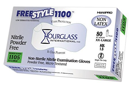 Hourglass HandPRO FreeStyle1100 Nitrile Glove, Exam, Powder Free, 240mm Length, 0.06mm Thick, XX-Large (Box of 80)