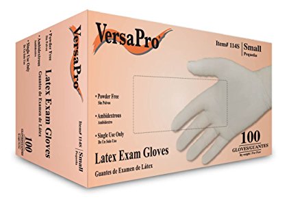 VersaPro 114S Latex Exam Gloves, Powder Free, Small, White (Pack of 100)