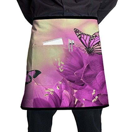 Purple Butterfly Unisex Fashion Pocket Waist Apron Restaurant Waitress Waiter Half Bistro Aprons