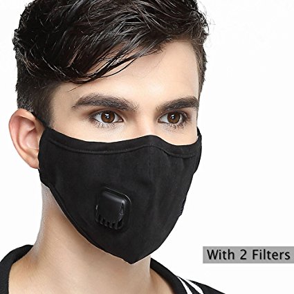 Mask Washable Cotton Mouth Masks with Valve Replaceable Filter (One Mask + 2 Filters) Activated Carbon Dustproof/Dust Mask - Pollen Allergy, PM2.5, Running, Cycling, Outdoor Activities - Men Black