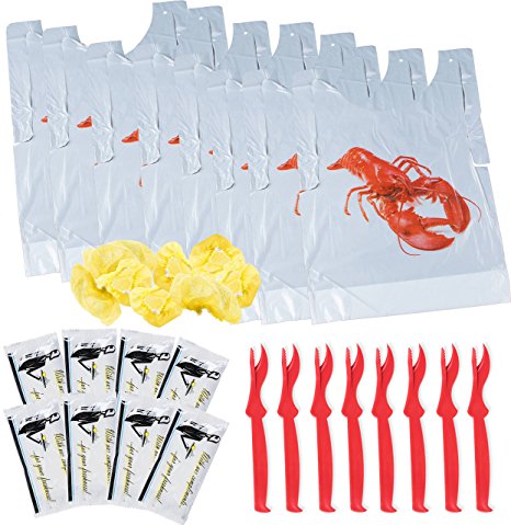 Lobster Bibs, Seafood Cracker Sheller Set, Hand Towels, and Lemon Juice Filter Nets (8 Each Item) - Complete Party Supplies Kit - Disposable Plastic Bib for Adults (Set of 8 Each)