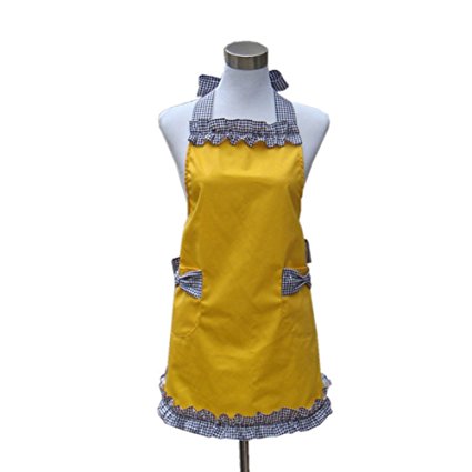 Hot 100% Cotton Lovely Yellow Girls Lady's Kitchen Fashion Restaurant Flirty Women's Cake Apron Chic with Pockets for Gift