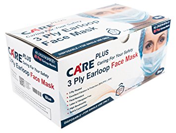 Care Plus Disposable Face Mask - 3 Ply Pleated, Earloop, Blue, 100 pc (2) Boxes