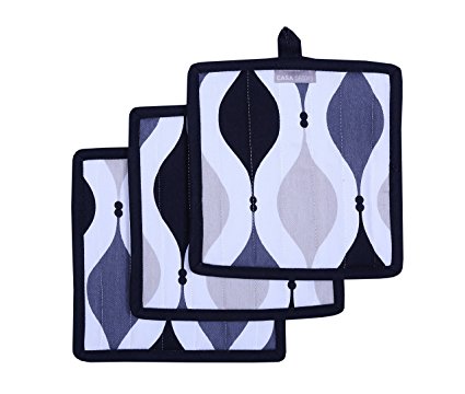 Pot Holders, Unique Black & Gray Geometric Design, Pot Holders Heat Resistant, Made of 100% Cotton, Eco-Friendly & Safe, Set of 3, Pot Holder size 8 x 8 inches, Pot Holders for Kitchen By CASA DECORS